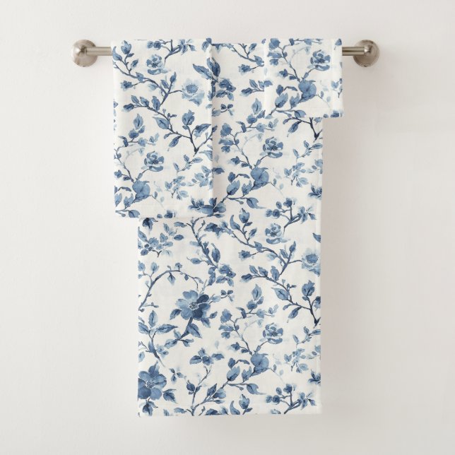 Schöne blaue weiße Blumenmuster   Badhandtuch Set (Insitu)