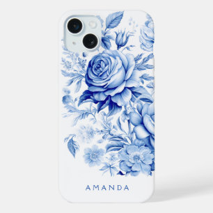 Schöne blaue/weiße personalisierte Rosen iPhone 15 Plus Hülle