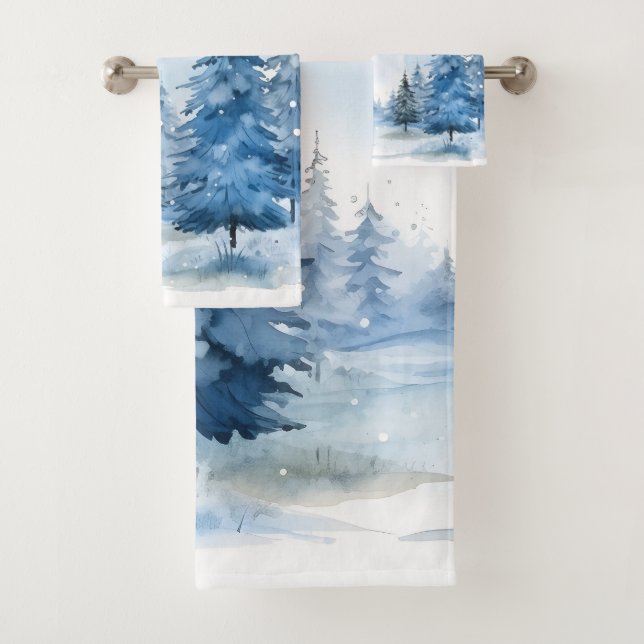 Schöne blaue Winter-Wald-Szene Badhandtuch Set (Insitu)