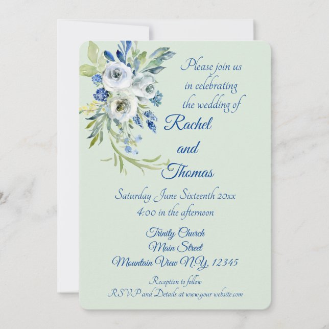 Schöne Blauer und Minzflorale Hochzeitseinladungen Einladung (Vorderseite)