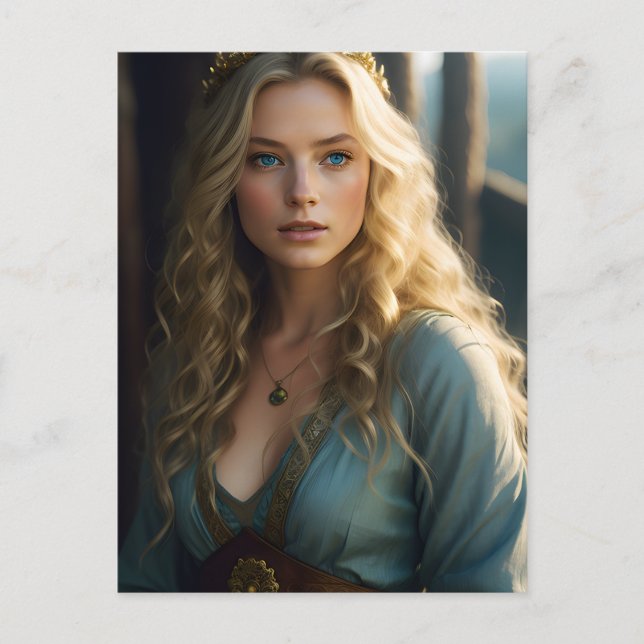 Schöne Blond Curls Frauen in Blue und Gold Kleid Postkarte (Vorderseite)