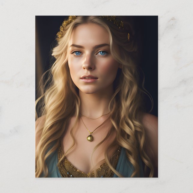 Schöne Blond Frau in Blue und Gold Dress Postkarte (Vorderseite)