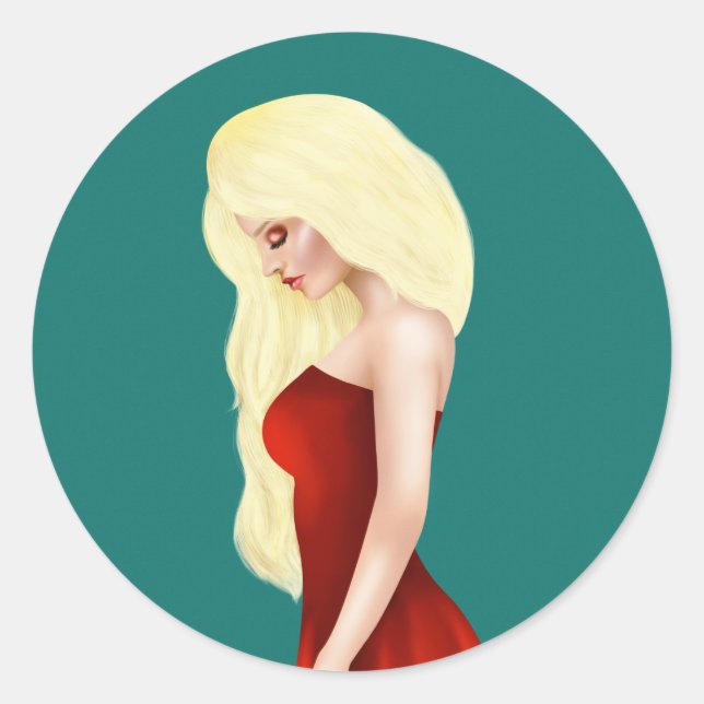 Schöne Blonde Lady in Red Gown spielt Karten Runder Aufkleber (Vorderseite)