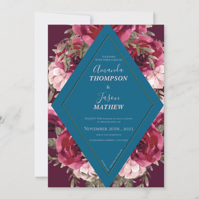 Schöne Blue Burgundy Blush Pink Bloral Wedding Einladung (Vorderseite)