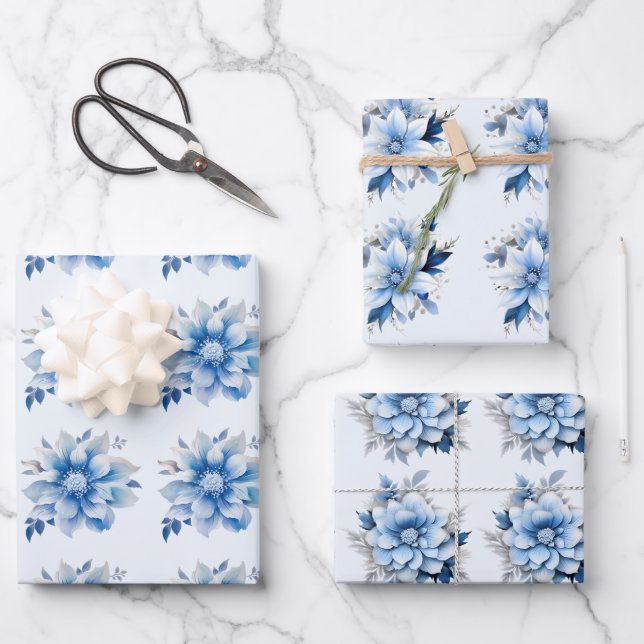 Schöne Blue Christmas Blume Geschenkpapier Set (Vorderseite)