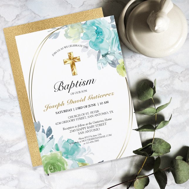 Schöne Blue Floral Gold Cross Baby Taufe Einladung (Von Creator hochgeladen)
