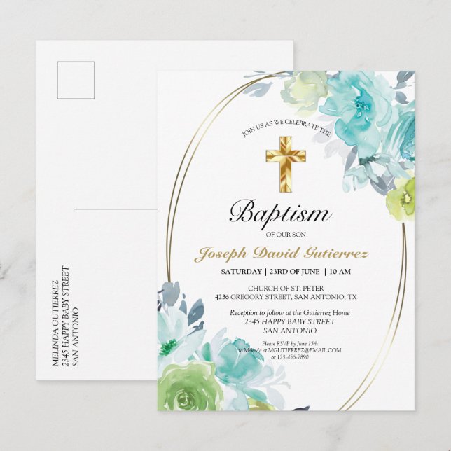 Schöne Blue Floral Gold Cross Baby Taufe Einladungspostkarte (Vorne/Hinten)