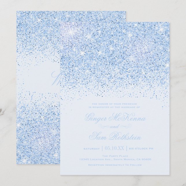 Schöne Blue Glitzer Hochzeitseinladungen Einladung (Vorne/Hinten)