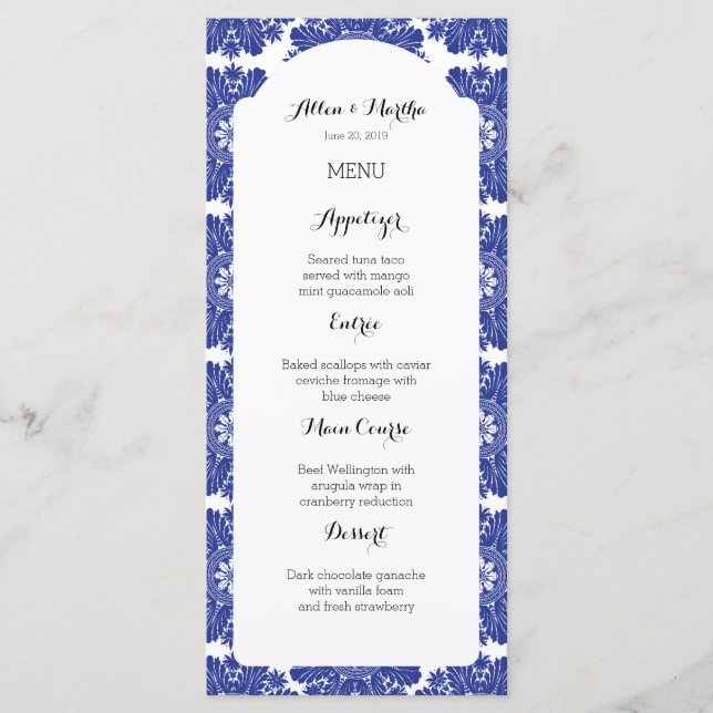 Schöne Blue & White Baroque Wedelmenu Suite Menükarte (Vorderseite)