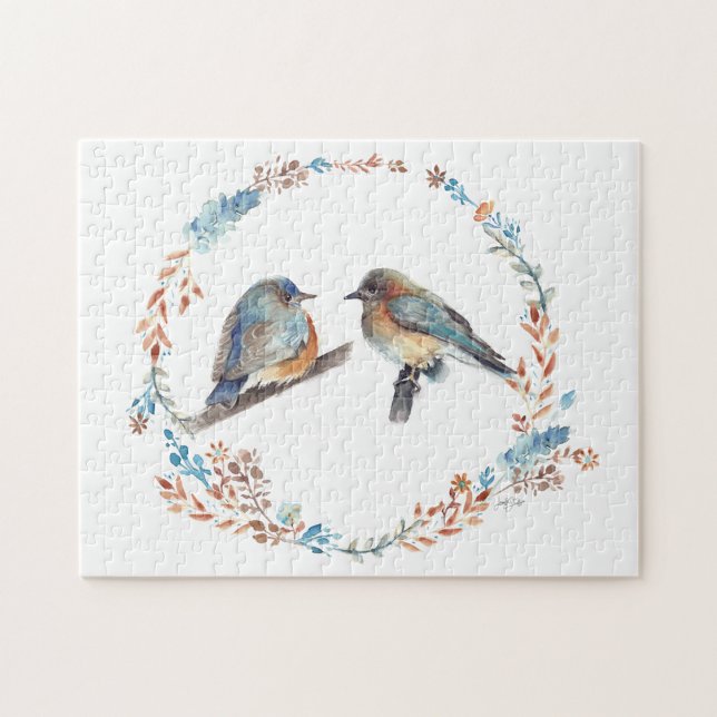 Schöne Bluebird Couple Art (Adorable eastern bluebird couple art with floral wreath. Jenn's Emporium.)