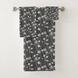 Schöne Blume auf Pflanze Blätter in Gray Shades Badhandtuch Set