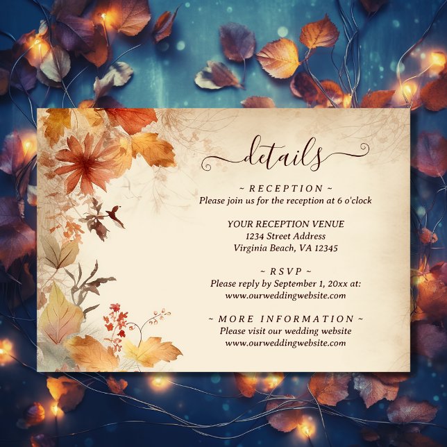 Schöne Blume im Herbst Hochzeit im Herbst Details Begleitkarte (Front - Beautiful Autumn Leaf Flower Fall Wedding Details Enclosure Card)