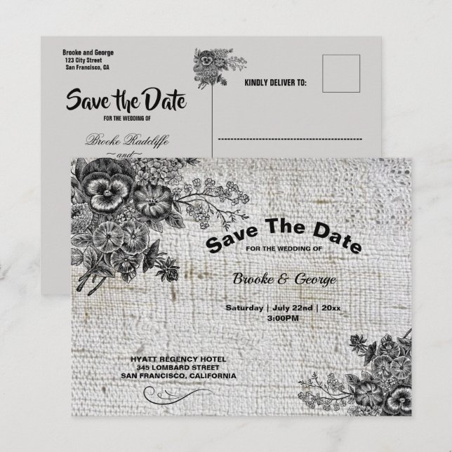 Schöne Blume in Grau und Schwarz Save the Date Ankündigungspostkarte (Vorne/Hinten)