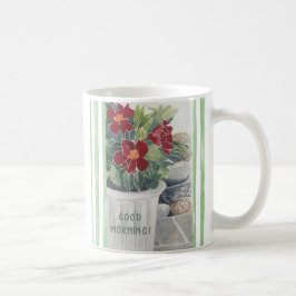 SCHÖNE BLUME MIT HAND KAFFEETASSE