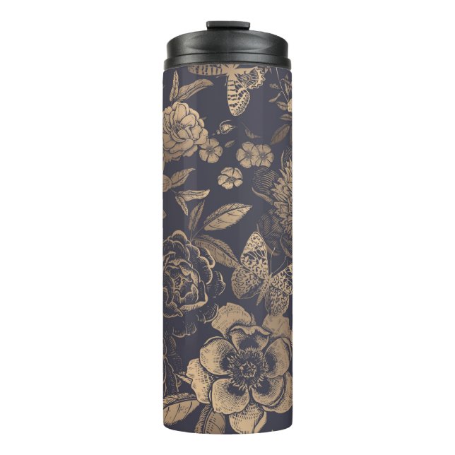 Schöne Blume, Pfannkuchen, Rose und Schmetterlinge Thermosbecher (Vorderseite)