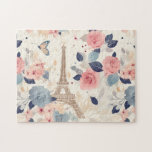 Schöne Blume und der Eiffelturm von Paris<br><div class="desc">Ein Puzzle mit einem schönen französischen Motivmuster. Hübsche Blume,  Eiffelturm und Schmetterlinge. Die Farben sind pink,  blau,  pfirsichfarben und creme.</div>