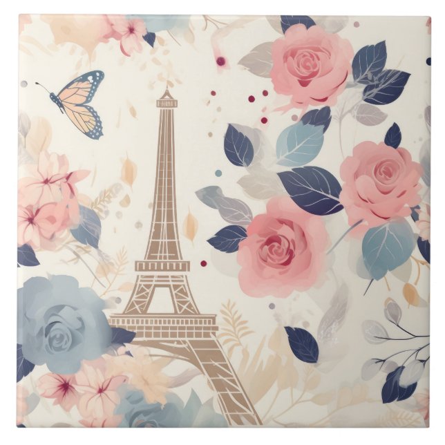Schöne Blume und der Eiffelturm von Paris Fliese (Vorderseite)
