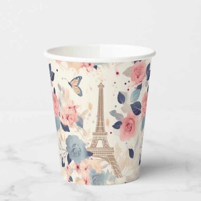 Schöne Blume und der Eiffelturm von Paris Pappbecher (Links)