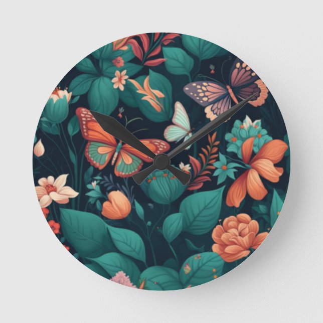 Schöne Blume und Schmetterlinge in Pastellfarben o Runde Wanduhr (Vorderseite)