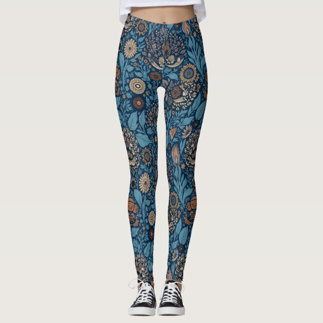 Schöne Blumen in Blau und Beige Leggings (Vorderseite)