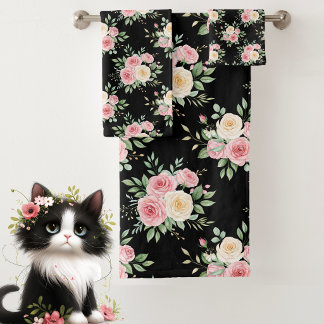 Schöne Blumen in Pastellfarben auf Schwarz Badhandtuch Set