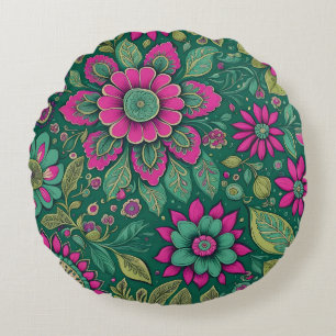 Schöne Blumen Mandala Blüten rosa grün Rundes Kissen