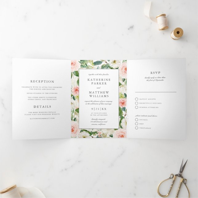 Schöne Blumen-Rahmen All-in-One Hochzeit Dreifach Gefaltete Einladung (Innenseite)