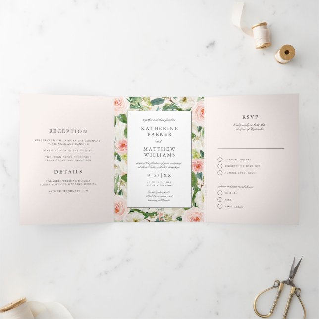 Schöne Blumen-Rahmen All-in-One Hochzeit Dreifach Gefaltete Einladung (Innenseite)