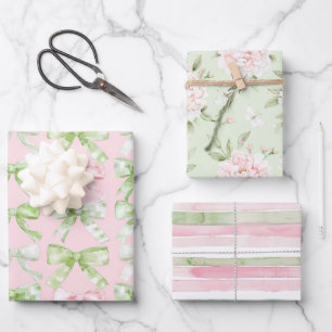 Schöne Blumen Schleifen Mint Rosa Streifen Geburts Geschenkpapier Set
