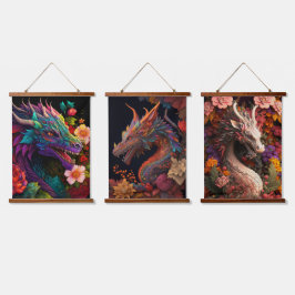 Schöne Blumendragons Wandteppich Mit Holzrahmen