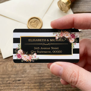 Schöne Blumengolddekor Schwarz-weiße Streifen Adressaufkleber