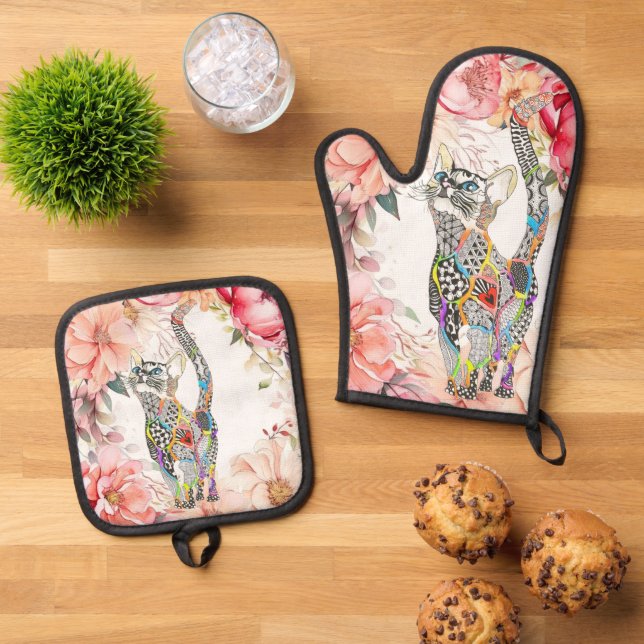 Schöne Blumenkatze Ofenhandschuh & Topflappen-Set (Oben Unten)