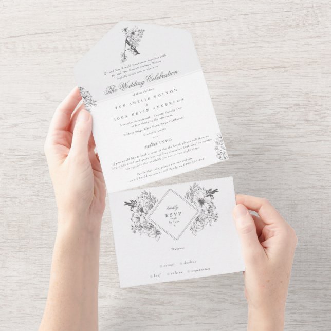 Schöne blumenmonogramm Classic Elegant Wedding All In One Einladung (Abreißtisch)