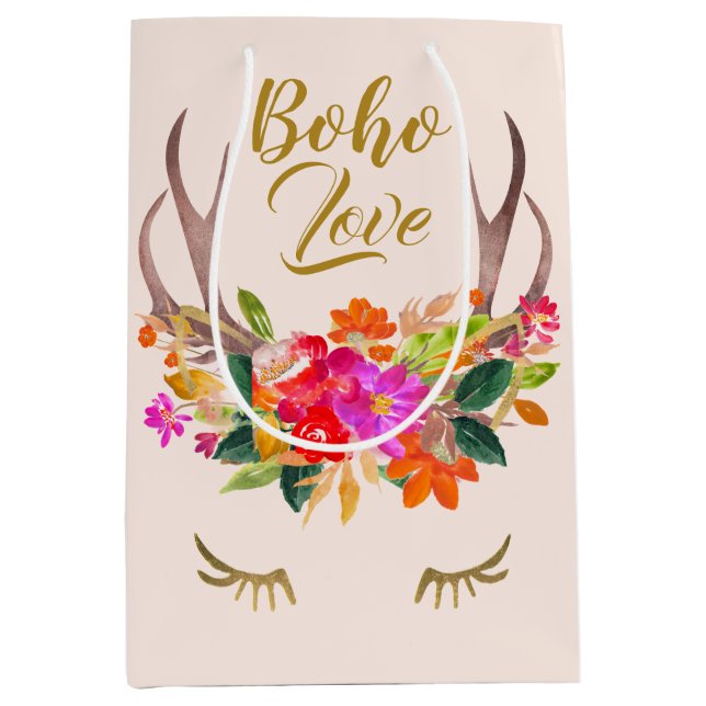Schöne Blumenmotive Boho Liebe Rentier Antlers Las Mittlere Geschenktüte (Vorderseite)