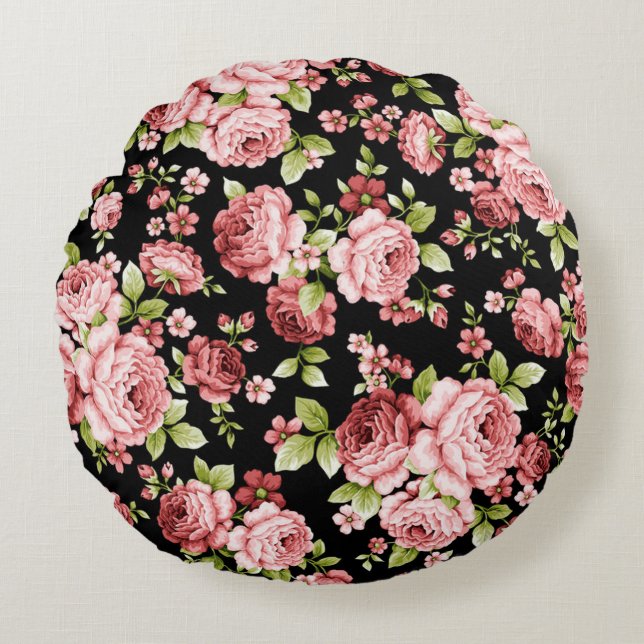 Schöne Blumenmuster-Rose mit grünen Folien Rundes Kissen (Vorderseite)