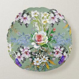 Schöne Blumenmuster Rose Wildblumen Grün Rundes Kissen