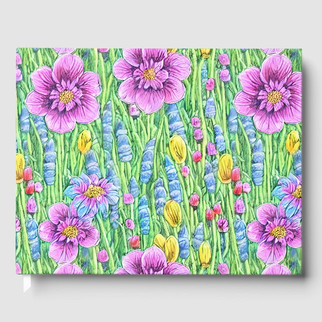 Schöne Blumenpracht Lebend Wasserfarbe Lila Grün Gästebuch (Vorderseite)