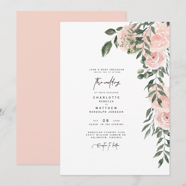 Schöne Blush Bloral Bride Eltern Hochzeit Einladung (Vorne/Hinten)