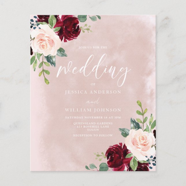 Schöne Blush Burgund Budget Einladung Hochzeit (Vorderseite)
