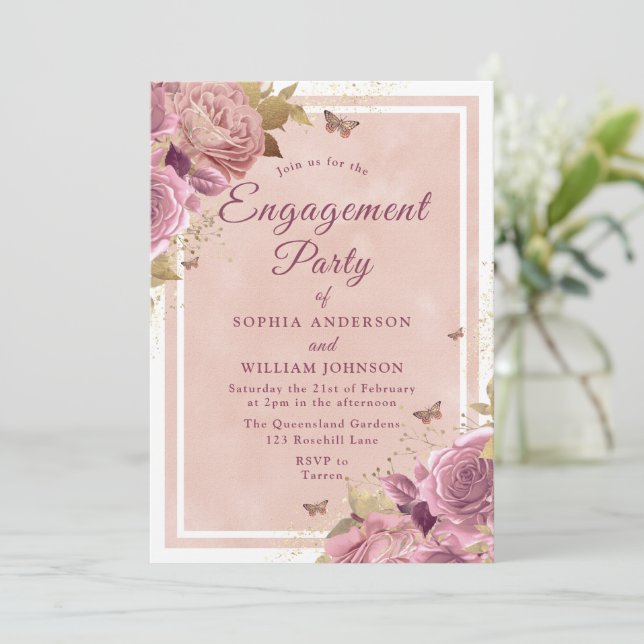 Schöne Blush-Floral Engagement Party Einladung (Stehend Vorderseite)