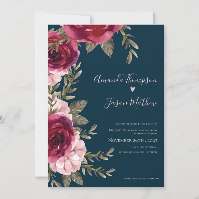 Schöne Blush Pink Burgundy Blumenhochzeit Einladung (Vorderseite)