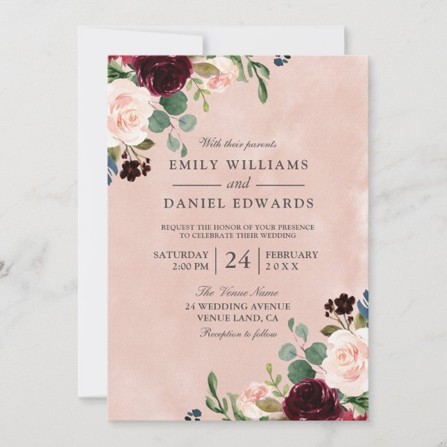 Schöne Blush Watercolor Burgund Blume Hochzeit Einladung (Vorderseite)