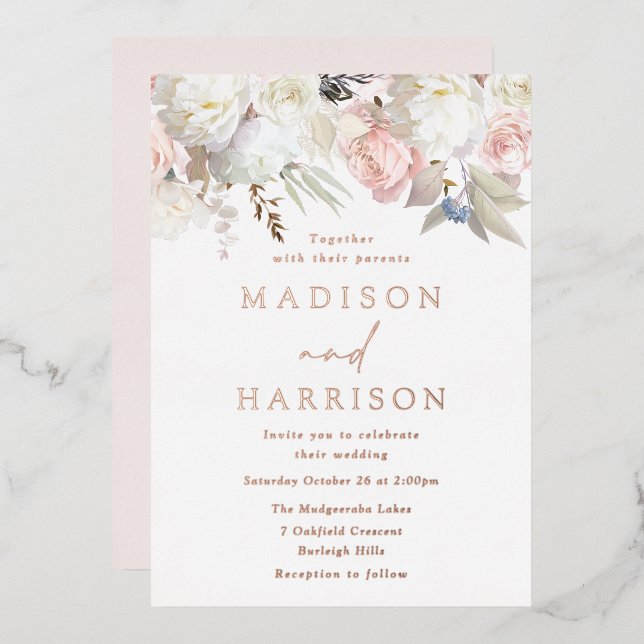 Schöne Blush & White Floral Wedding Rose Gold Folieneinladung (Vorderseite/Rückseite)