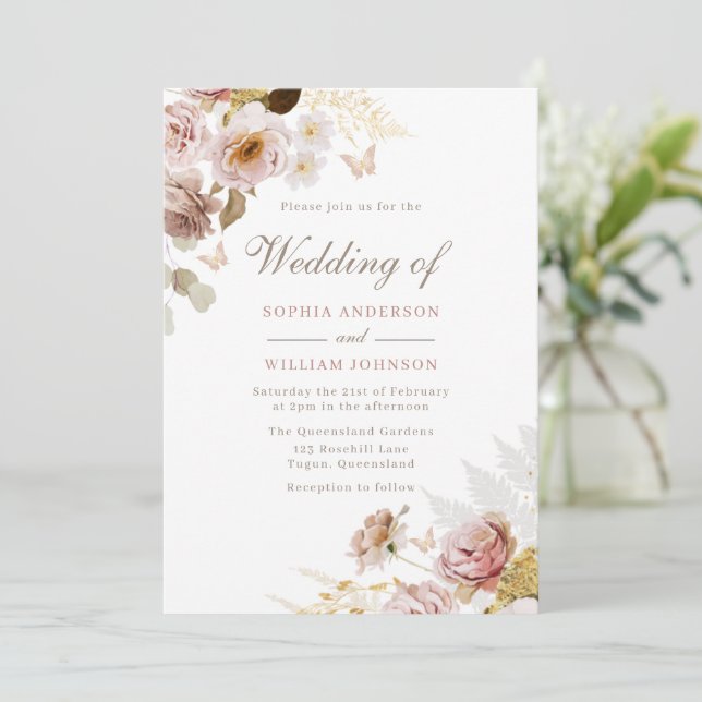 Schöne Blush White Rose Blume Hochzeit Einladung (Stehend Vorderseite)