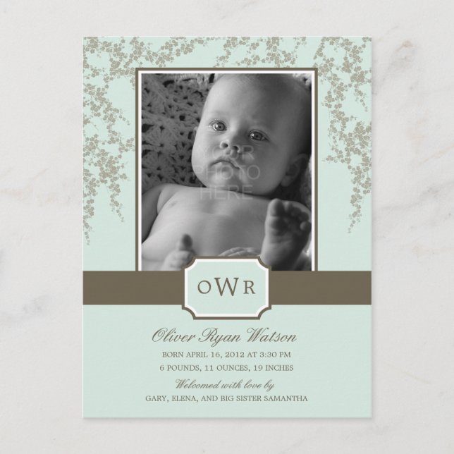 Schöne Blüten Baby Birth Announcement (Aloe) Ankündigungspostkarte (Vorderseite)