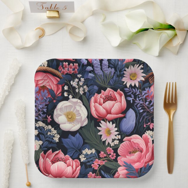 Schöne Blüten, buntes Muster, Pappteller (Hochzeit)