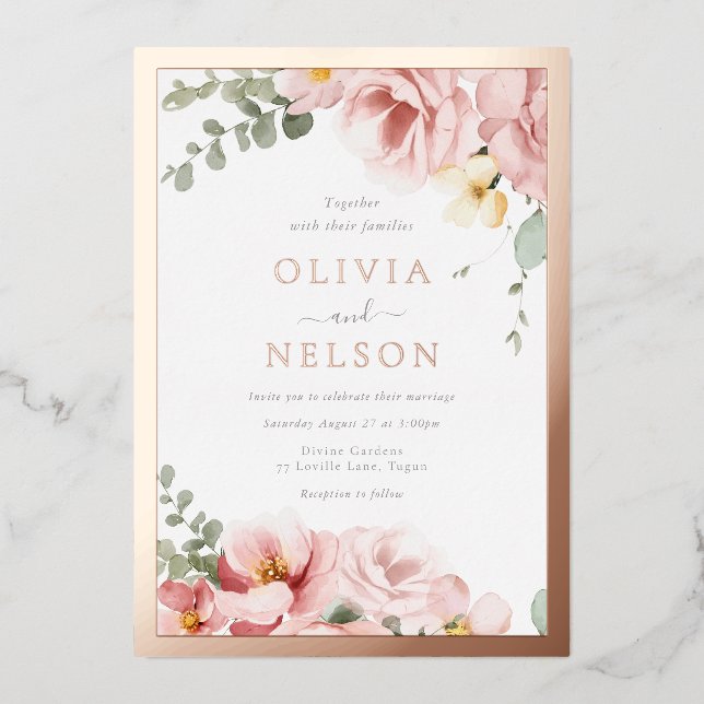 Schöne Blütenblüte Hochzeit Dusty Rose Gold Folieneinladung (Vorderseite)