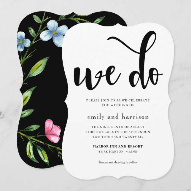 Schöne Blütenhochzeit mit weißer Typografie Einladung (Vorne/Hinten)