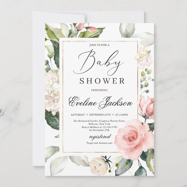 Schöne Blütenrahmen Gold Babydusche Einladung (Vorderseite)