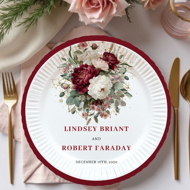 Schöne Boho-Burgunder-Blumen-Hochzeitsteller Pappteller (Beautiful Boho Burgundy Floral Wedding Plates)